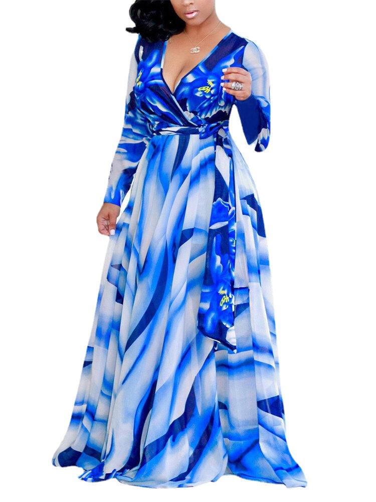 Women Floral Print V-Neck Long Sleeve Swing Maxi Dress With Belt