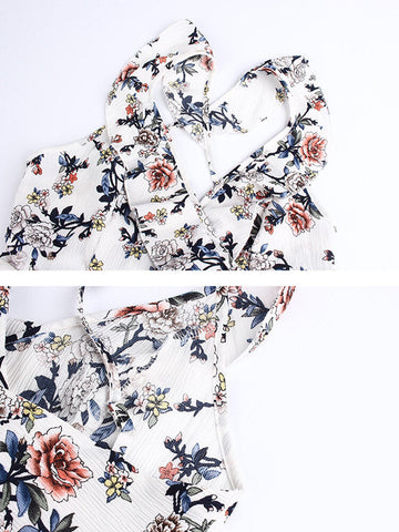 Backless Side Split Bohemian Floral Print Ruffle Sleeveless Maxi Dress