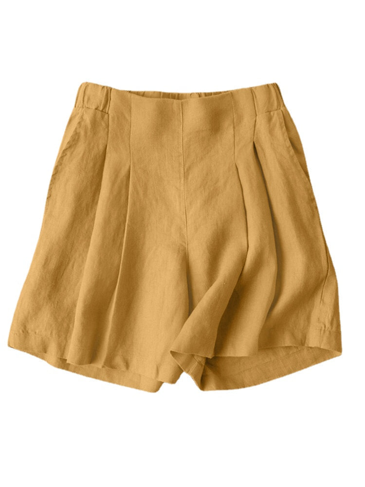 Solid Ruched Pocket Casual Cotton Shorts