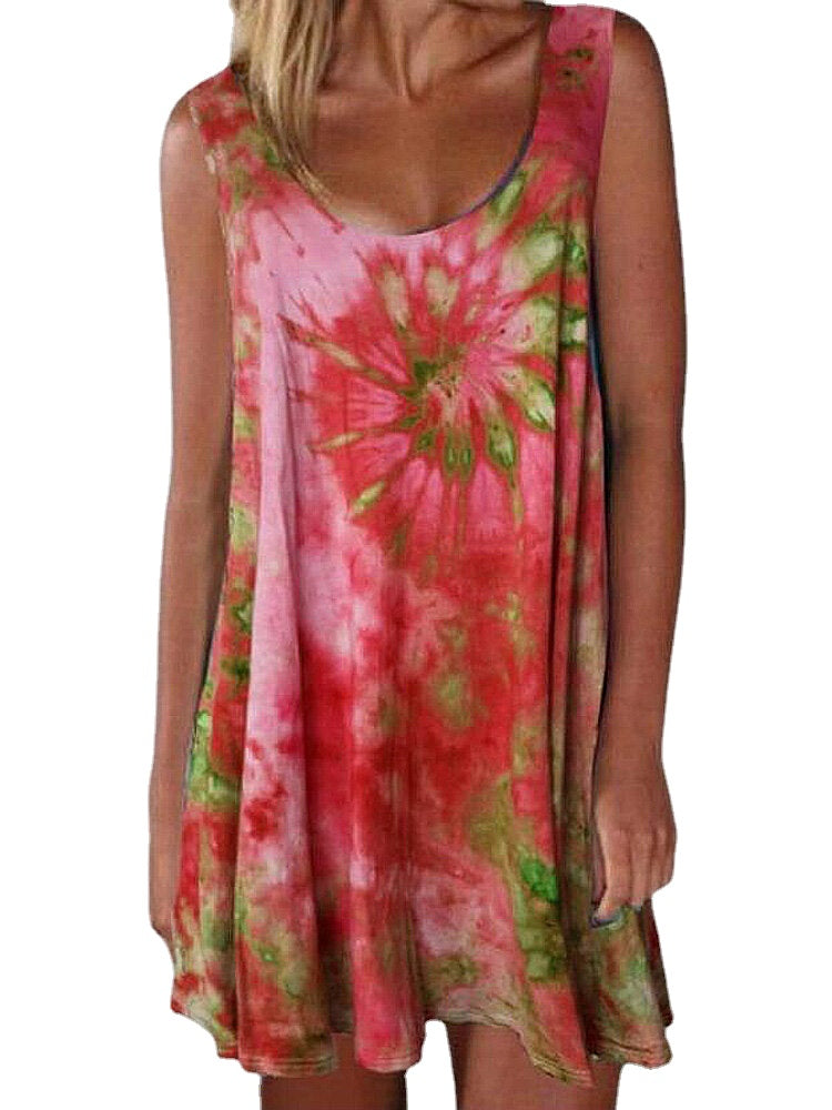 Women Tie-dye Print Crew Neck Summer Sleeveless Loose Dress