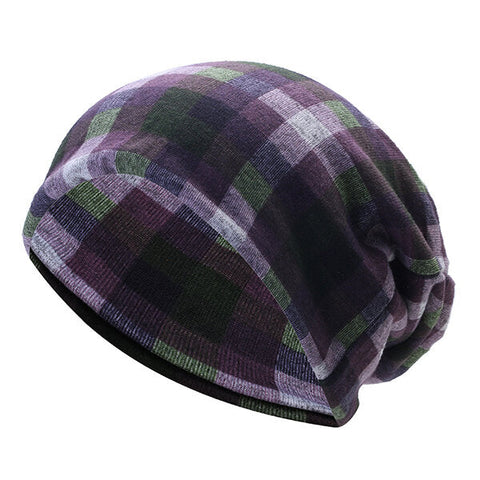 Mens Women British Style Grid Cotton Beanies Hat Thicken Velvet Warm Hat And Scarf