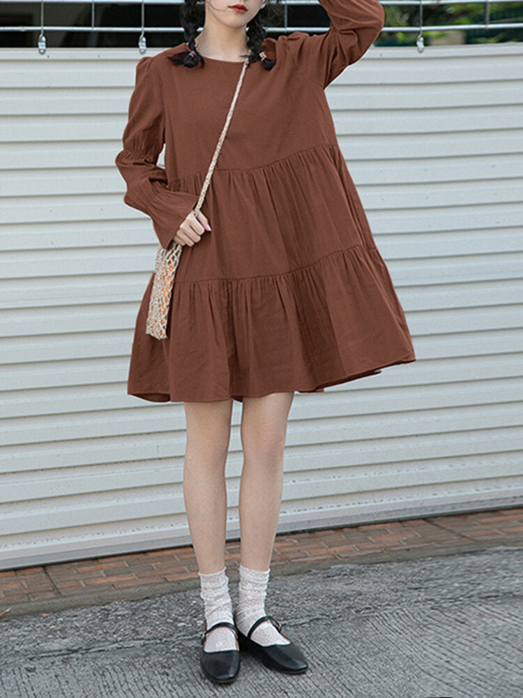 Women Cotton Solid Color Pleats O-neck Long Sleeve Casual Dress