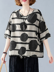 Round Print Drawstring Round Neck Half Sleeve Casual Blouse