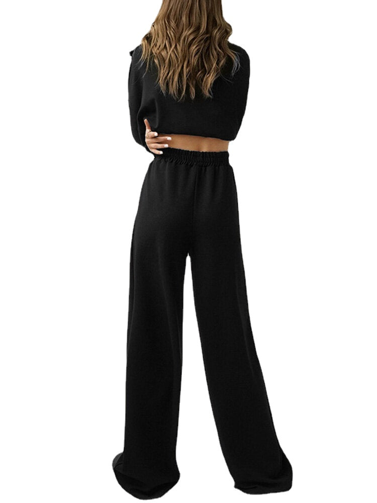 Solid Zip Elastic Waist Long Sleeve Wide Leg Two Pieces Set