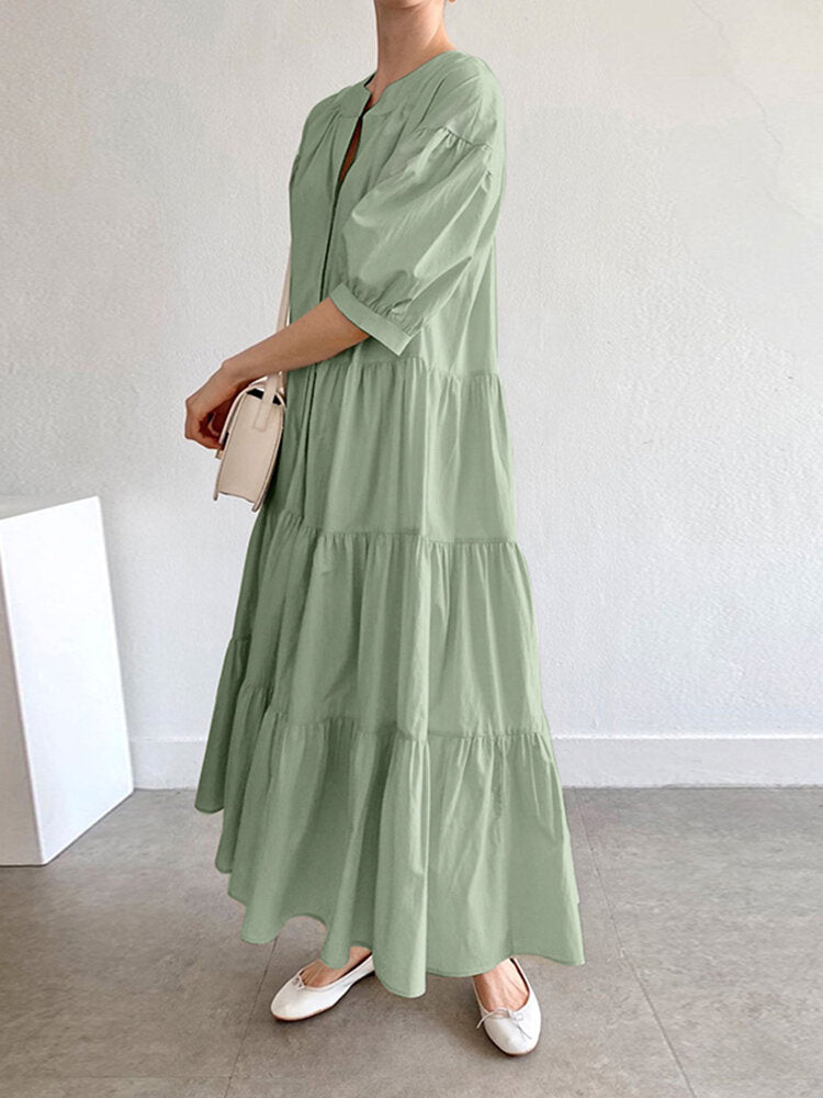 Solid Button Half Sleeve V-neck Loose Casual Maxi Dress