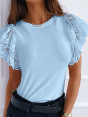 Women O-Neck Short Sleeve Solid Lace Spliced Casual Loose Blouse