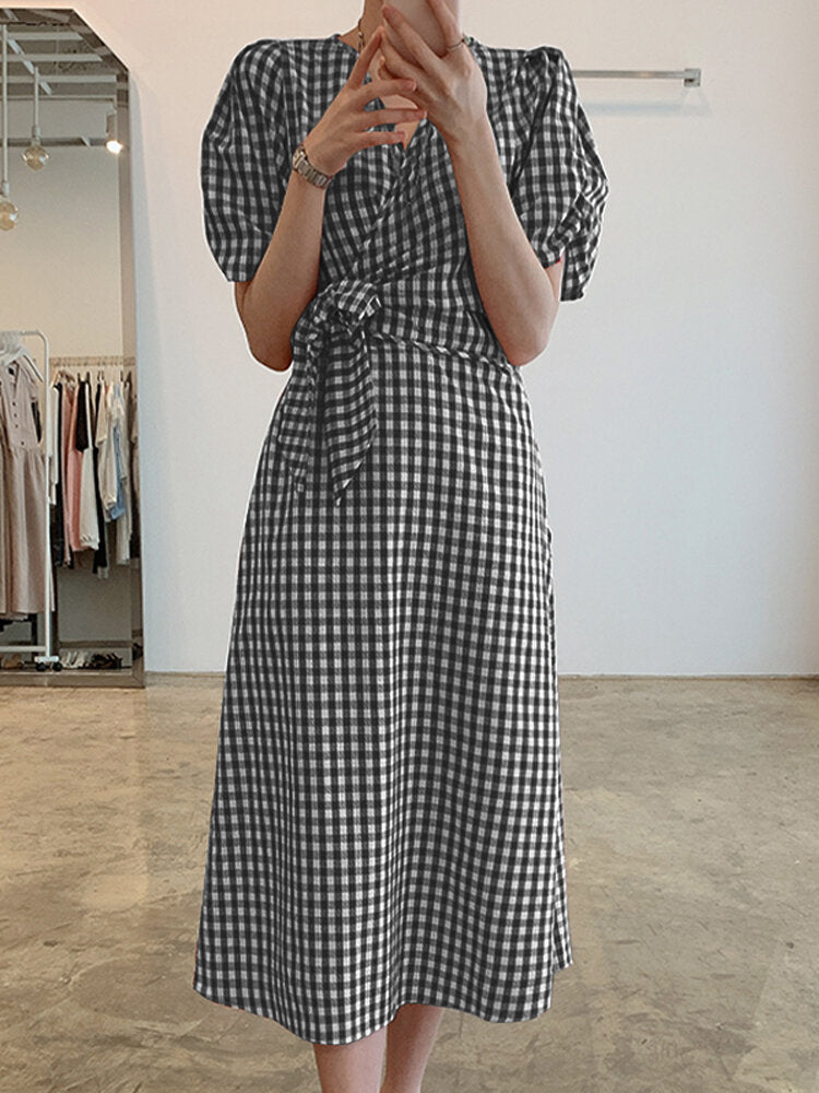 Puff Sleeve 100% Cotton Loose Fit V-Neck Plaid Splicing Maxi Dress