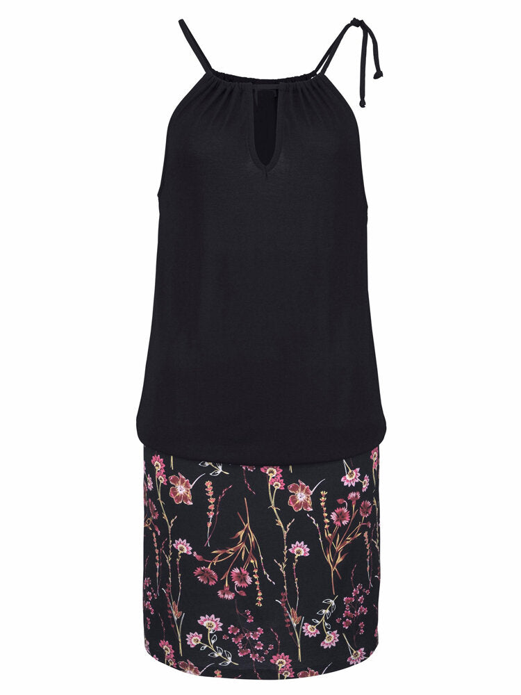 Women Floral Print Patchwork Solid Color Sleeveless Casual Dresses