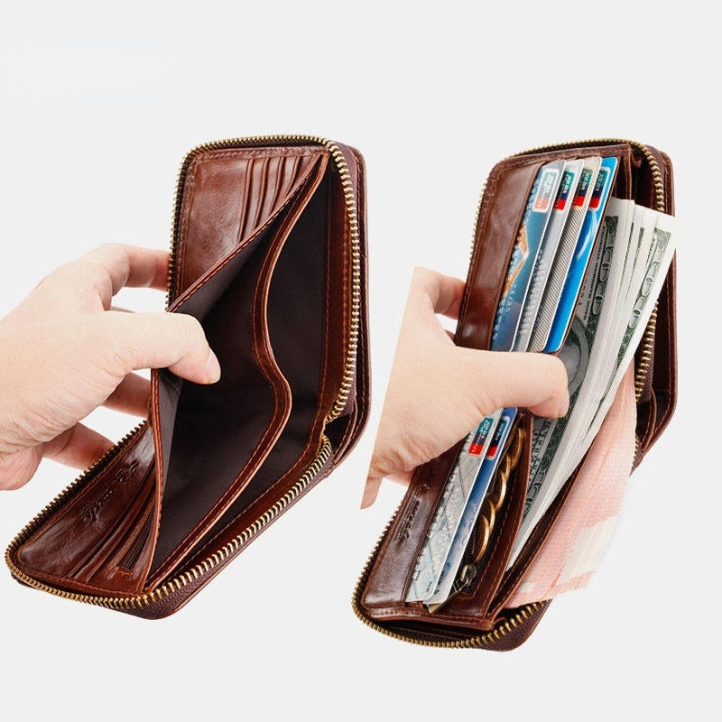 Men Genuine Leather Retro RFID Blocking Zipper Coin Bag Card Holder Wallet