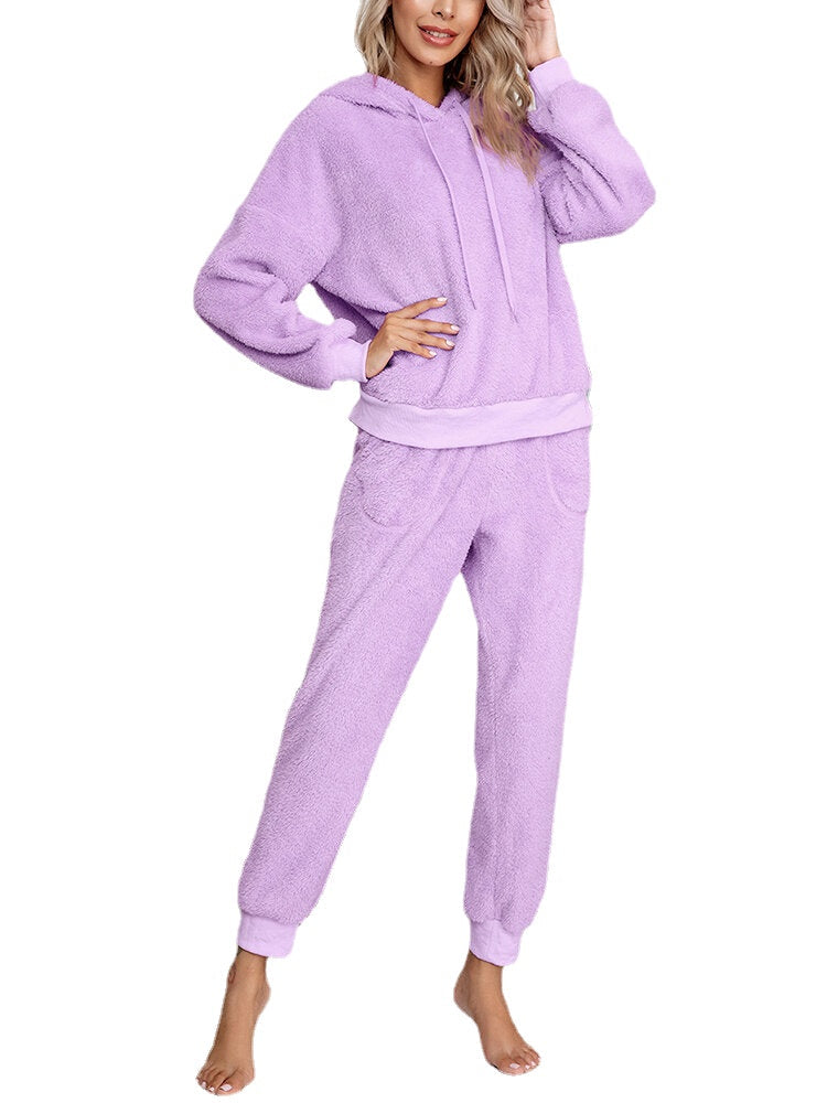 Women Fleece Thick Solid Color Pullover Hoodie Jogger Pants Home Casual Pajamas Set