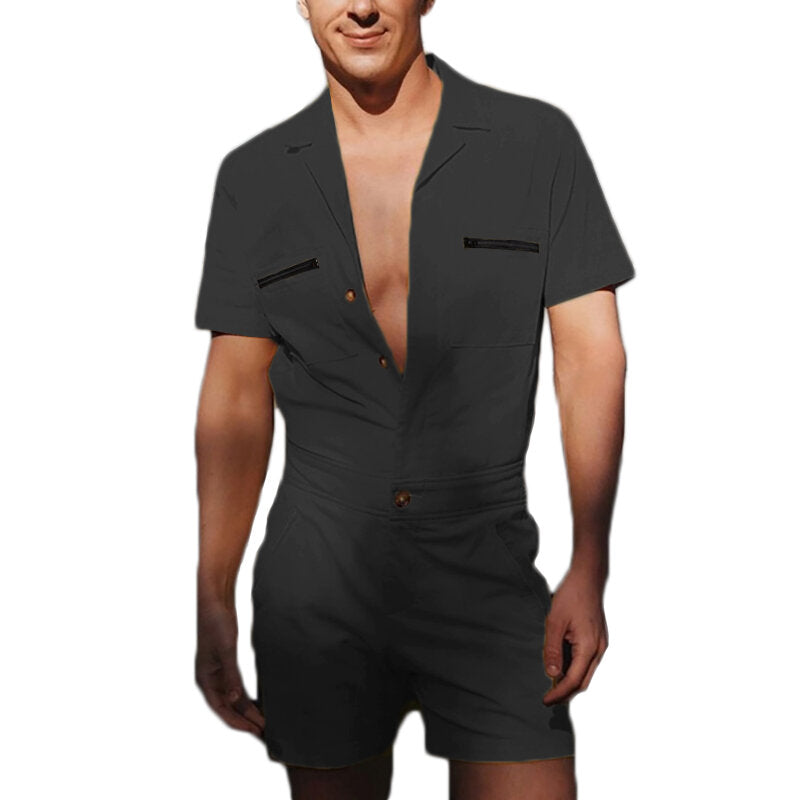Men Solid Color Lapel Streetwear Short Sleeve Jumpsuits Pockets Summer Casual Overalls Men Shorts