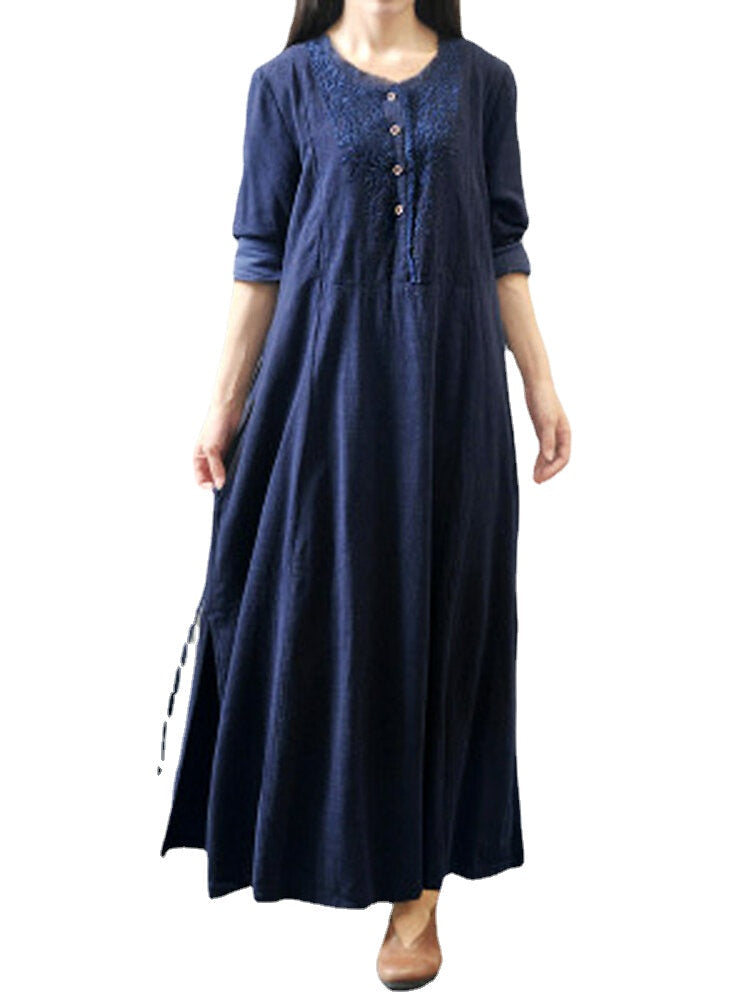 Women Long Sleeve Solid Color Embroidery Pattern Vintage Ankle Length Midi Dresses