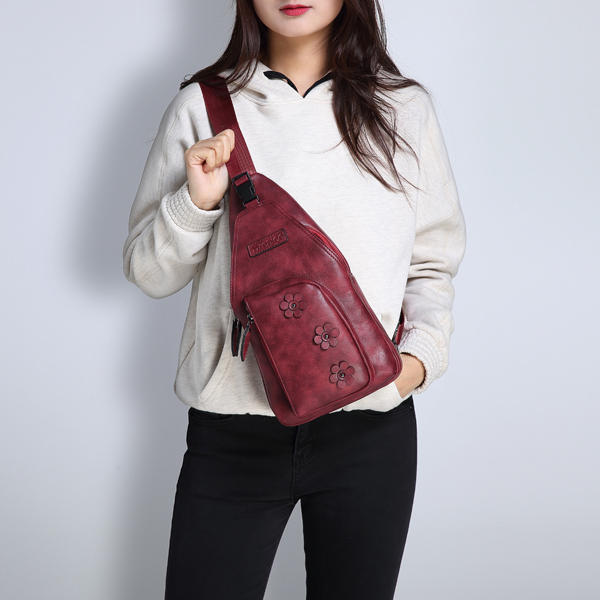 Women Vintage Casual Faux Leather Floral Shoulder Bag Crossbody Chest