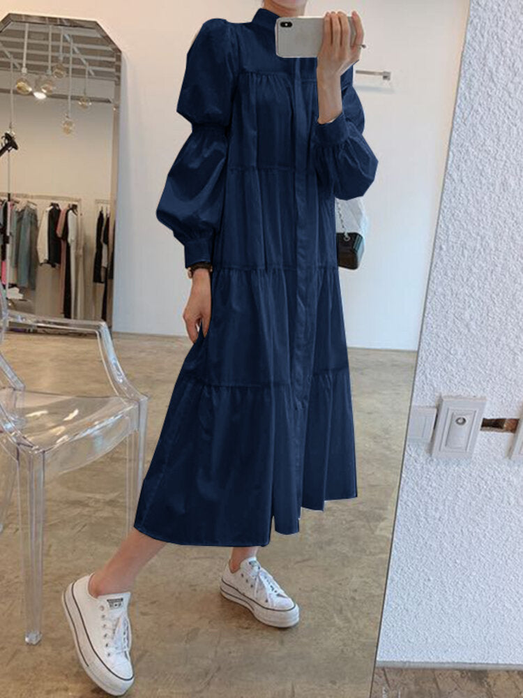 Women Solid Tiered Stand Collar Pleats Puff Sleeve Casual Shirt Midi Dresses