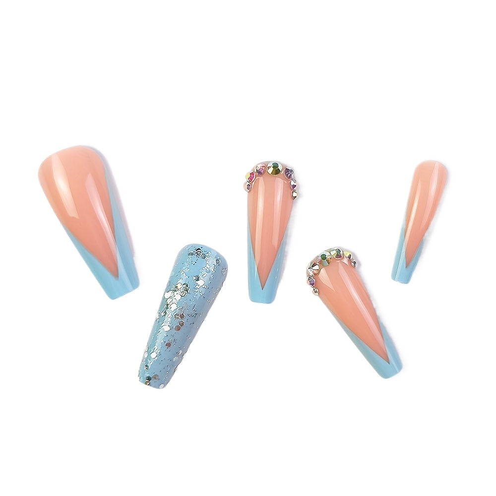 24Pcs Blue French Coffin Nails - Rhinestone & Glitter Kit - Luxurious False Acrylic Nails