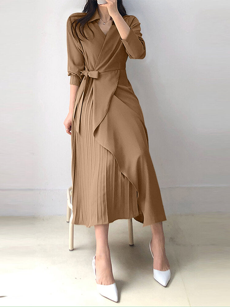 Solid Cross Front Tie Pleated Long Sleeve Lapel Shirt Dress