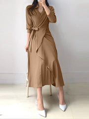 Solid Cross Front Tie Pleated Long Sleeve Lapel Shirt Dress