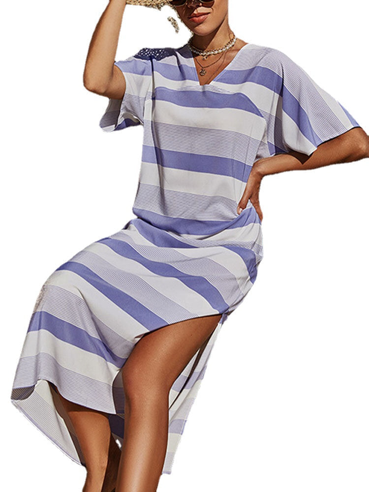 Women Stripe Loose Slit Hem V-neck Short Sleeve Maxi Dress