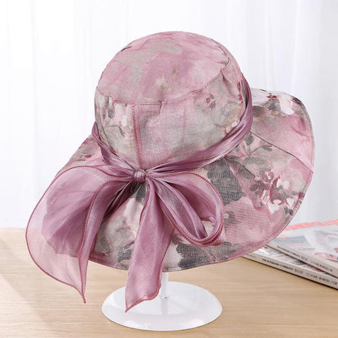 Women Summer Sun Hat Flowers Inkjet Wide Brim Floppy Bucket Hat Beach Travel Visor Hat