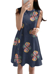 Flower Print Cotton Round Neck Sleeveless Casual Midi Dress