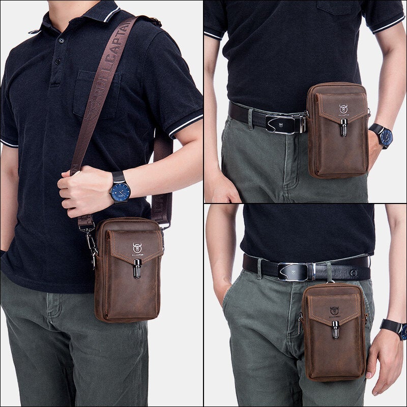 Men Genuine Leather Large Capacity Vintage 6.5 Inch Phone Bag Waist Shoulder Crossbody