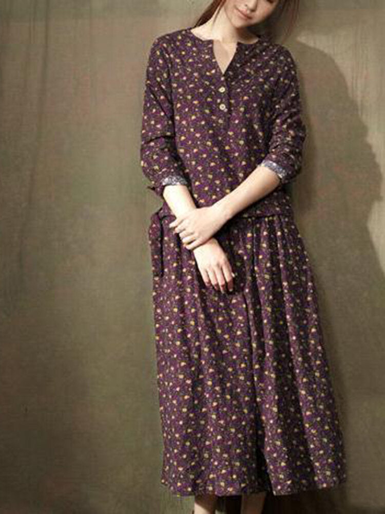 Vintage Floral Printed Elastic Waist Women Dress