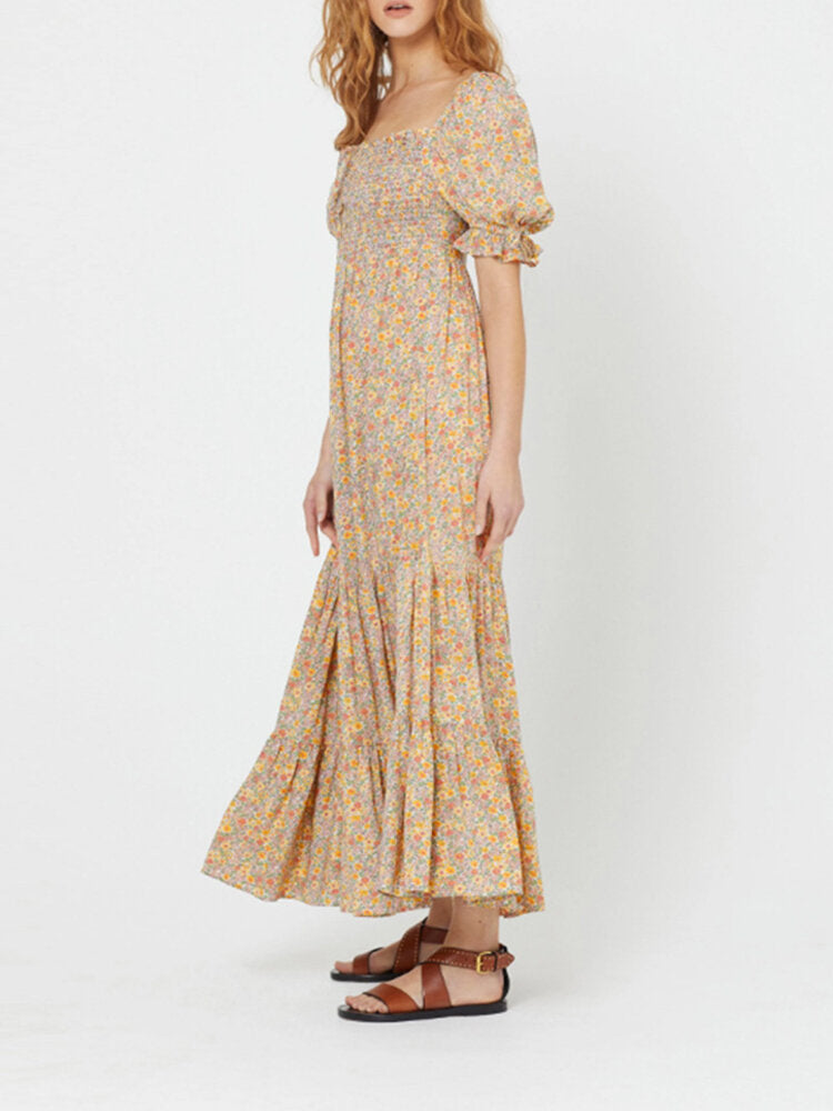 Women Floral Print Puff Sleeve Square Neck Holiday Maxi Dress