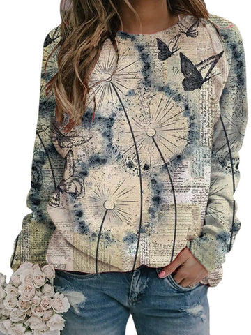 Flower Butterfly Printed Long Sleeve O-neck Blouse For Women