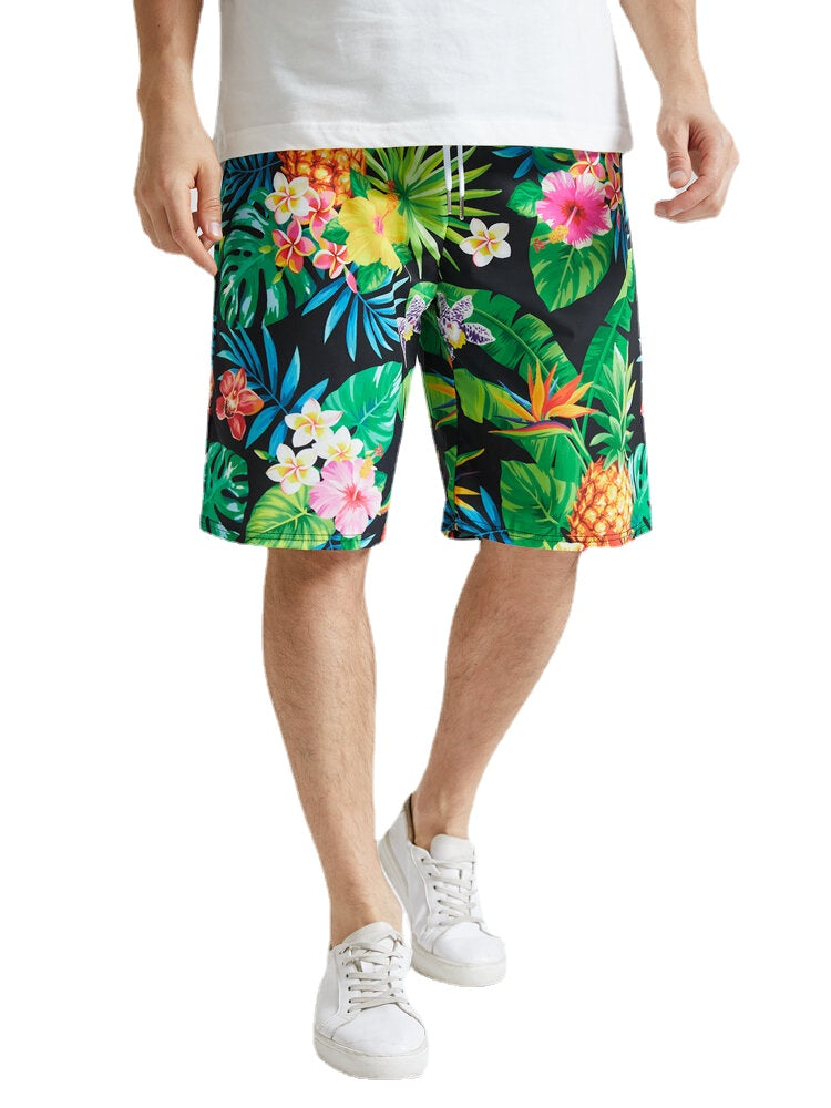 Mens Tropical Pineapple Print Holiday Mid Length Drawstring Shorts