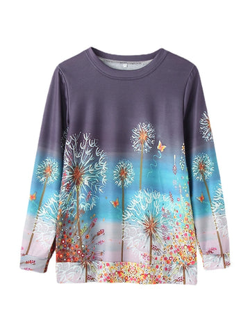 Women Flower Printed Ombre Long Sleeve O-Neck Daily T-Shirt