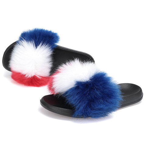 WoMen Fur Plush Fuzzy Furry Sliders Slippers Sandals Flip Flops Flat Shoes