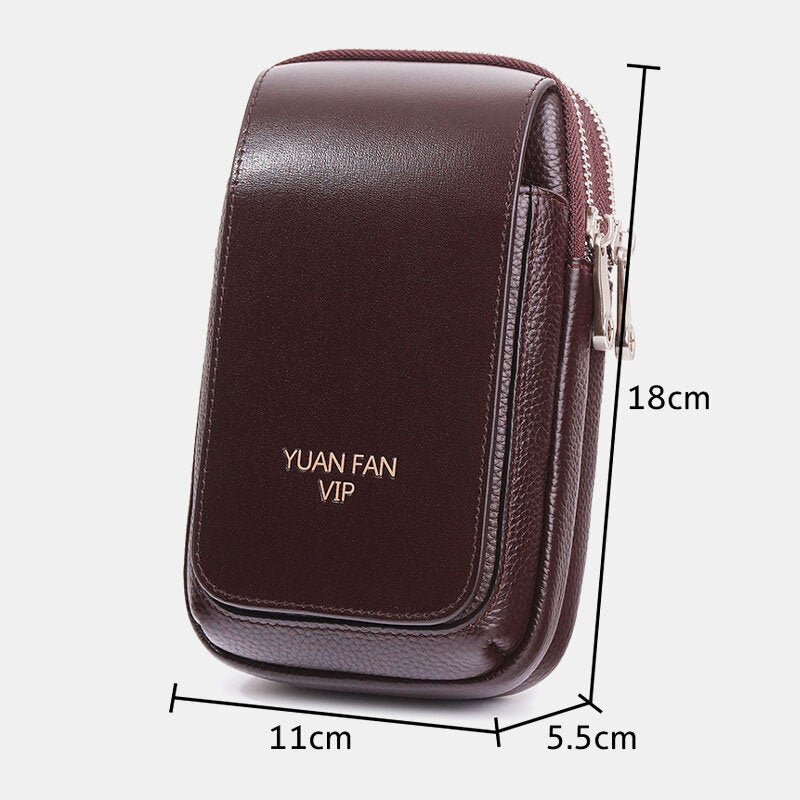 Men Genuine Leather Double Layer Large Capacity Waist Bag Retro Mini 6.5 Inch Phone Belt