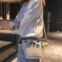 Straw Tassel Leisure Zipper Bucket Bag Shoulder Bag For Women