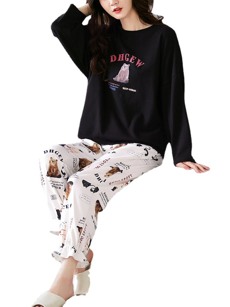 Women's Cartoon Animal Print Pajama Set - Pullover & Elastic Waist Pants