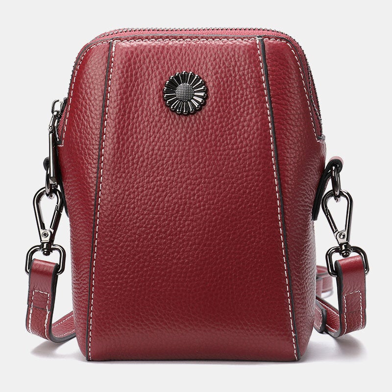 Women Genuine Leather Crossbody Bag Geometric Splicing Multi-pocket Shoulder Messenger Bag