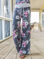 Plus Size Women Floral Printing Drawstring Waist Loose Casual Home Pajamas Pants