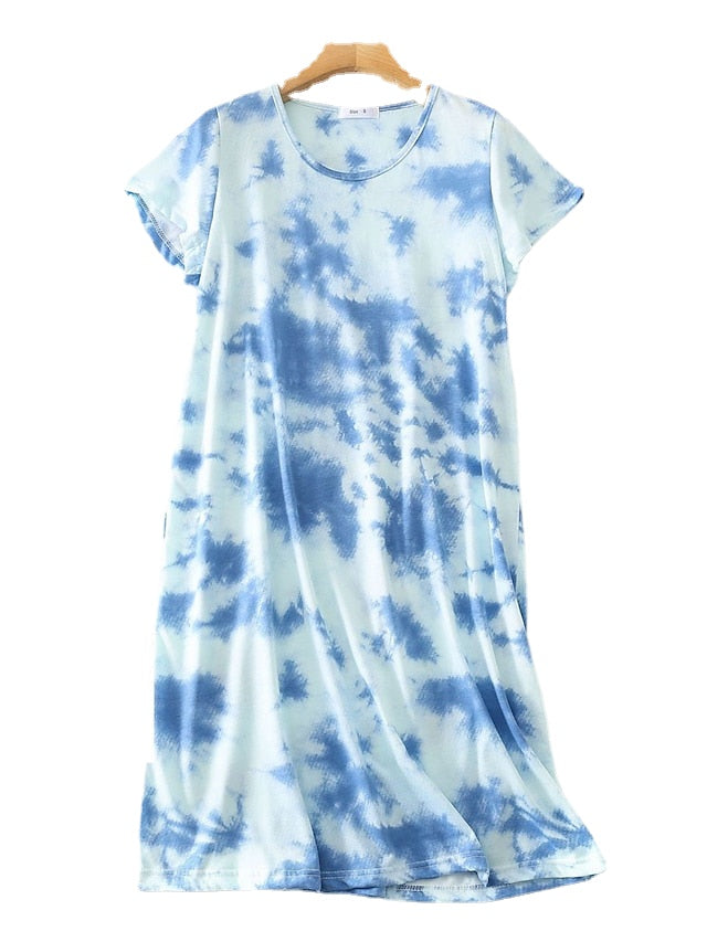 Women's Shift Dress Tunic Mini Dress Basic Casual Print Tie Dye Round Neck Home Lounge Navy Blue Blue