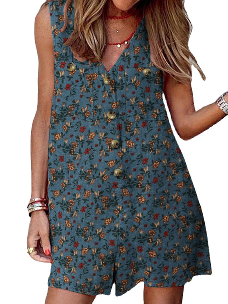 Leisure Calico Button Pocket Sleeveless V Neck Cotton Romper