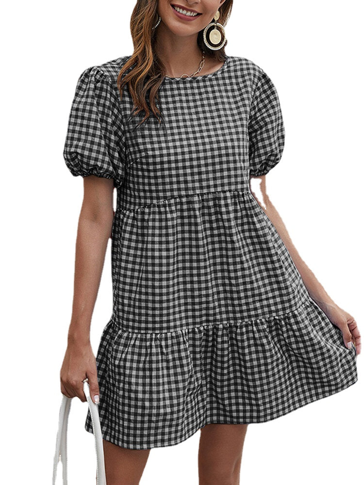 Women Plaid Puff Sleeve O-Neck Casual Mini Dress