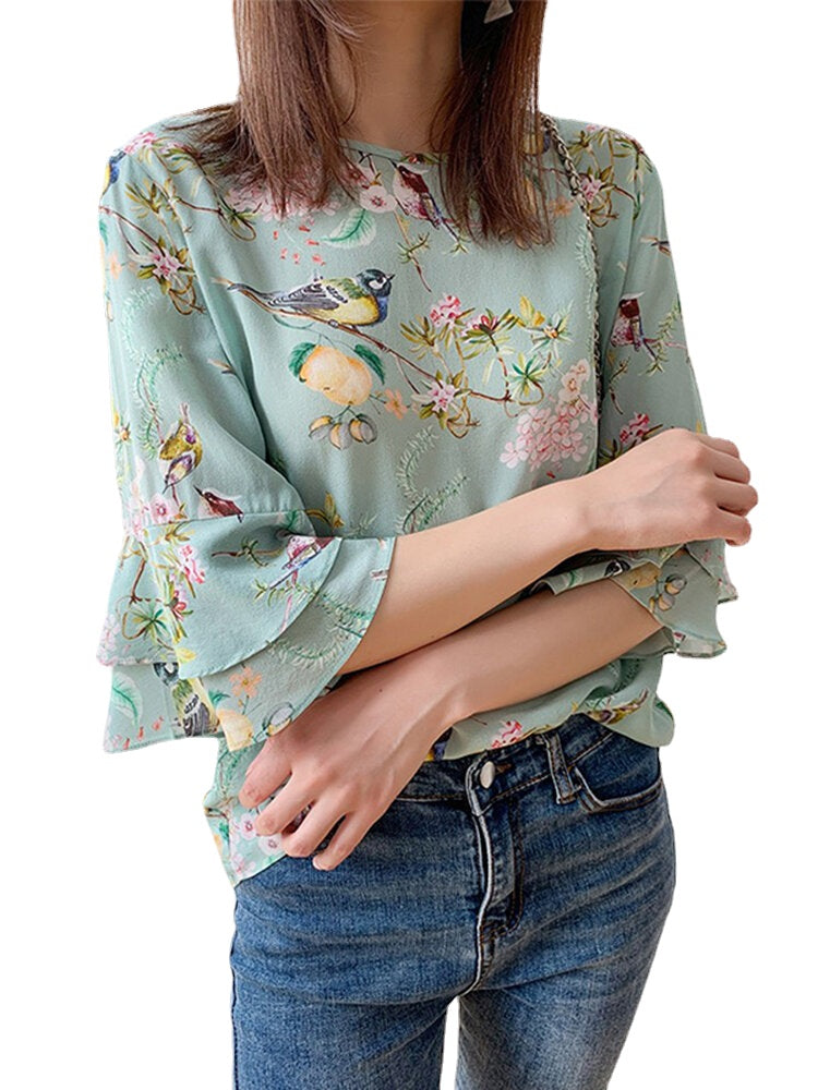 Plant Print Bell Sleeve Round Neck Blouse