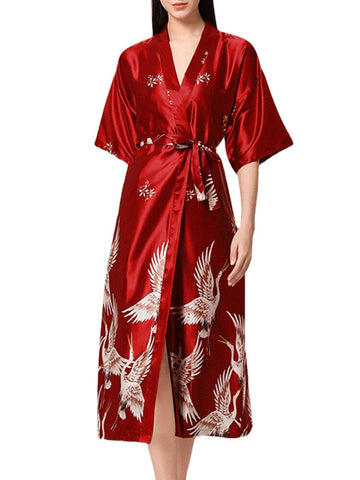 Plus Size Women Ethnic Style Crane Print Faux Silk Half Sleeve Home Sleepwear Robes