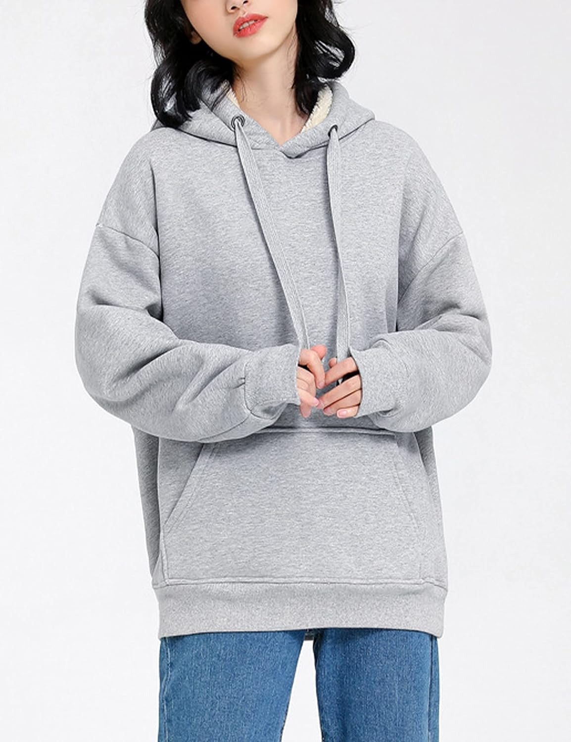 Women’s Cozy Sherpa Lined Hoodie Sweatshirt – Adjustable Drawstring Hood, Kangaroo Pocket, Long Sleeves for Fall & Winter Comfort