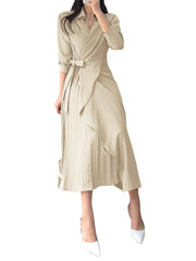 Solid Cross Front Tie Pleated Long Sleeve Lapel Shirt Dress