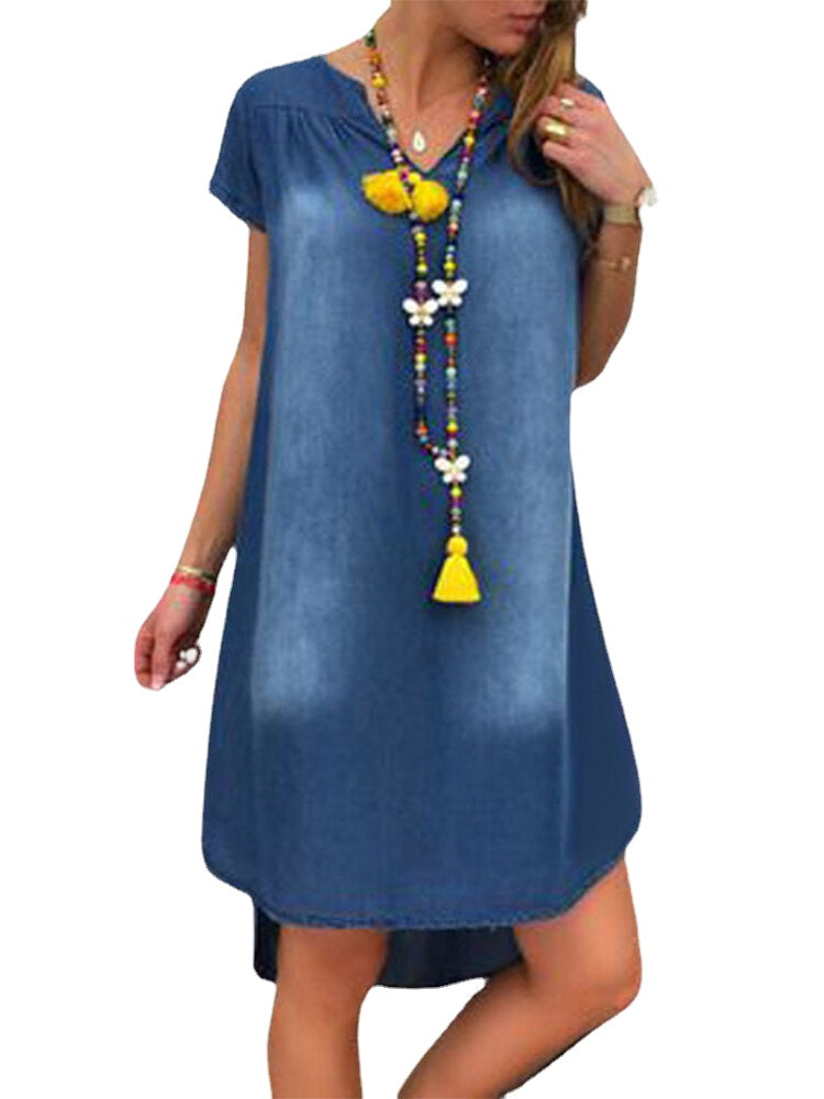 Women V-Neck Loose Irregular Hem Casual Demin Dresses