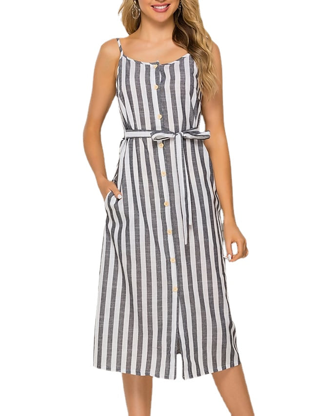 Women's Button Fashion Outdoor Sleeveless Fit Stripe Dress With Pocket