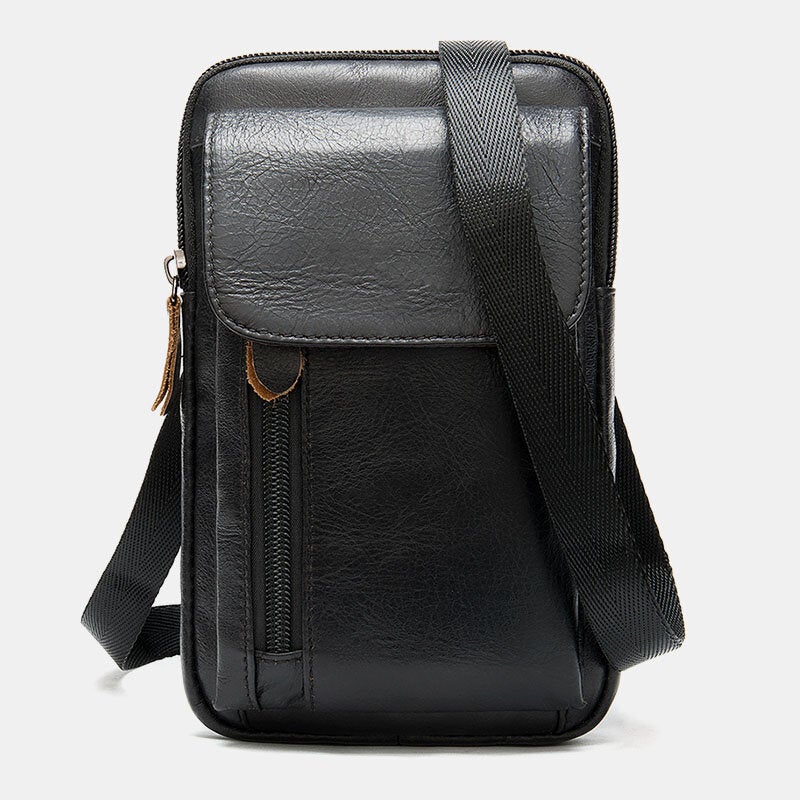 Men Multi-pocket Genuine Leather Belt Bag With Hook Wear-resistant 6.5 Inch Phone Shoulder Crossbody Bags Waist