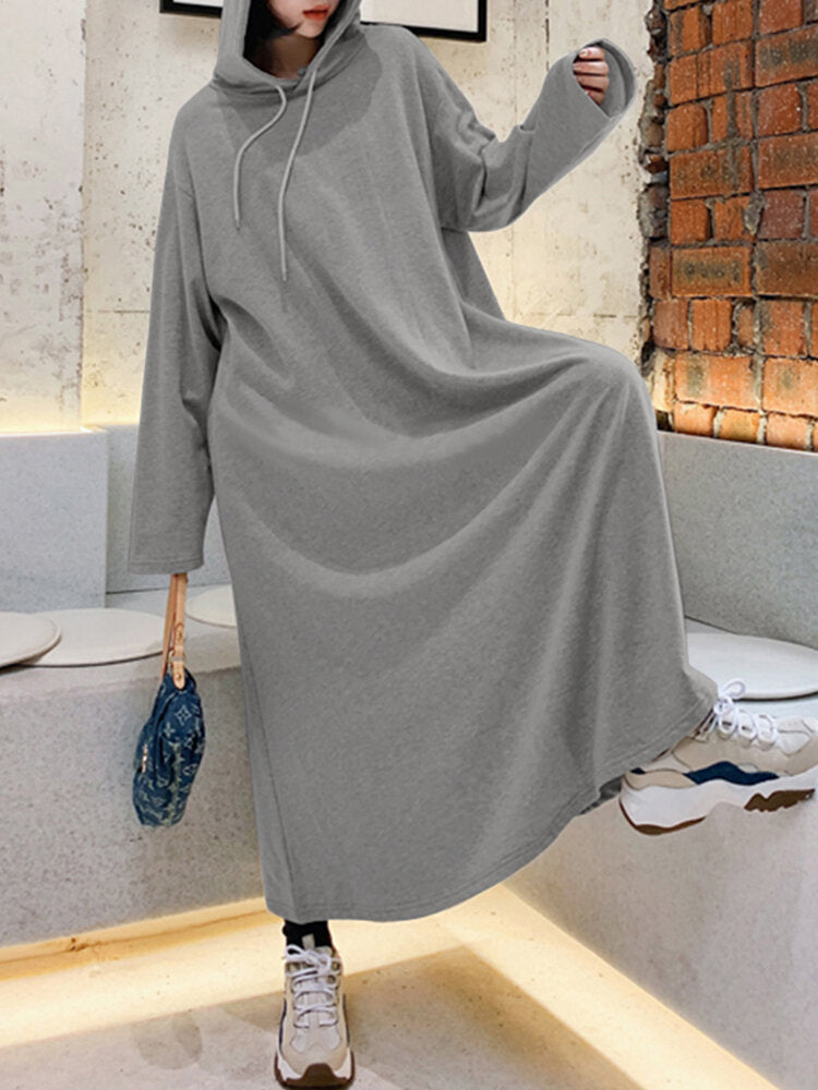 Women Solid Color Irregular Hem Casual Hooded Sweatshirt Maxi Dresses With Side Pocket