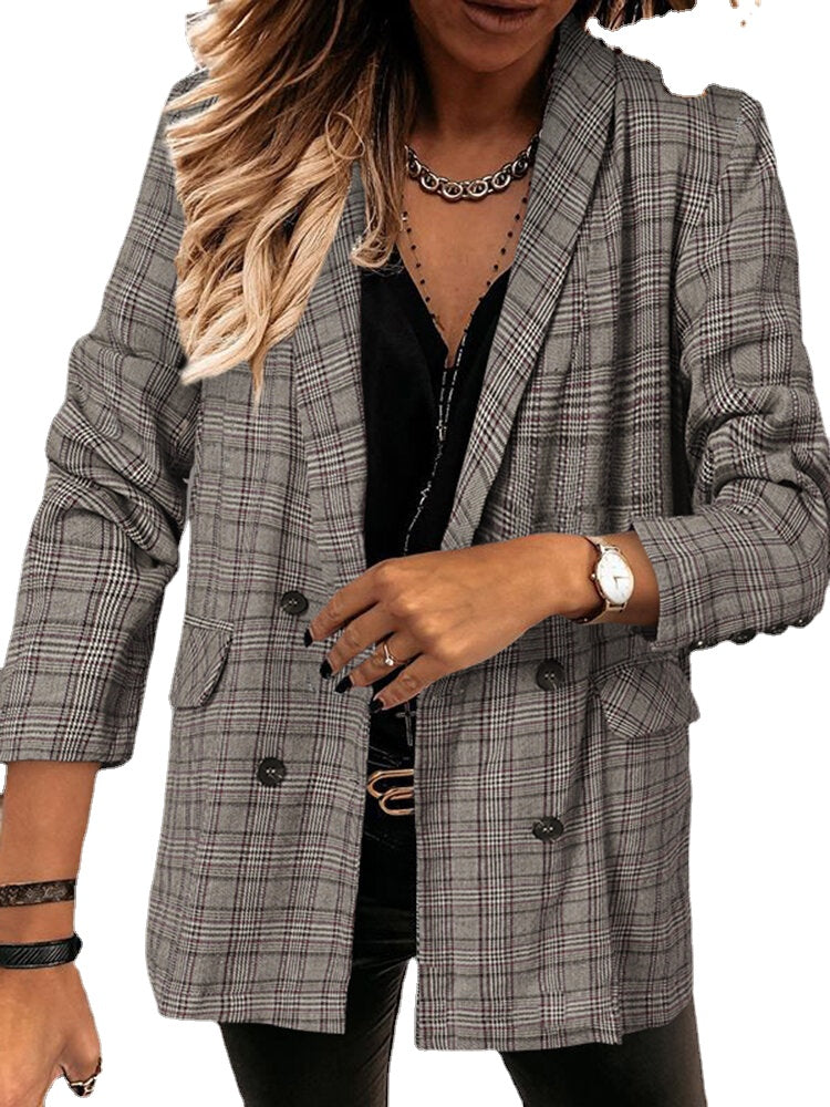 Women Plaid Double Breasted Lapel Casual Long Sleeve Thin Blazers