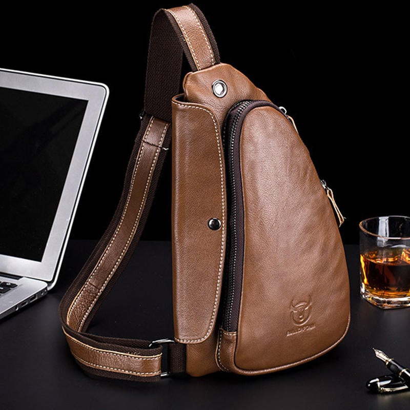 Men Chest Bag Genuine Leather Sling Bag Solid Crossbody