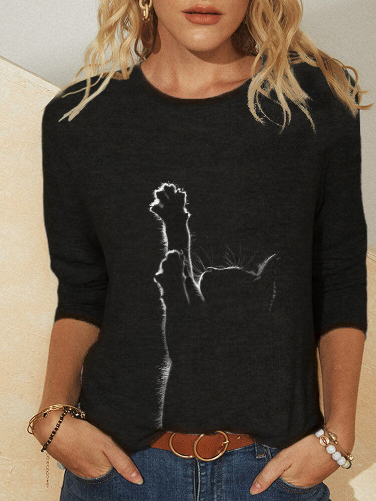 Women Cat Print Long Sleeves O-neck Casual Blouse